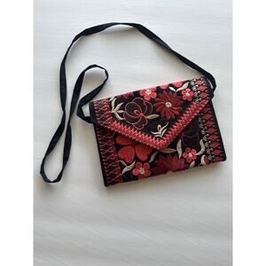 Boho🌿Floral Embroidered Crossbody Shoulder Bag Black/Coral Festive Purse Clutch